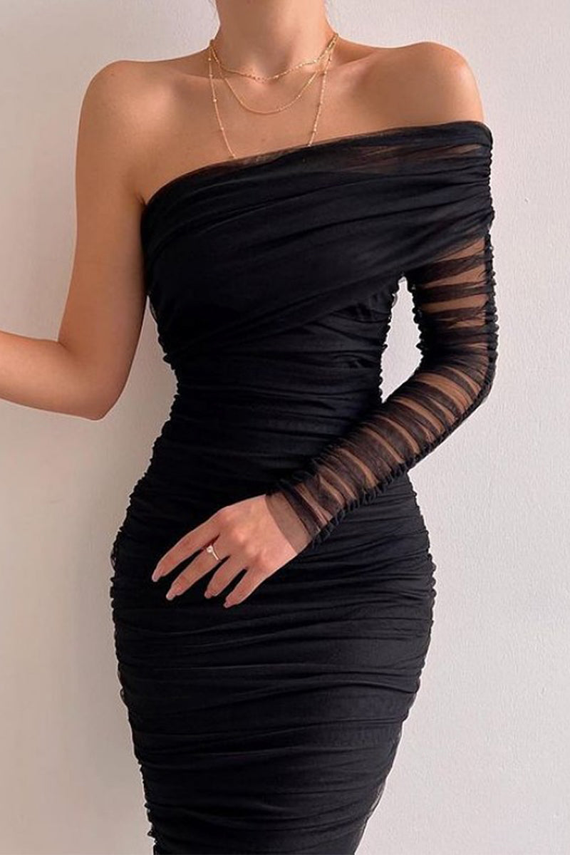 Sexy Formal Solid Patchwork Oblique Collar Evening Dress Dresses(5 Colors)