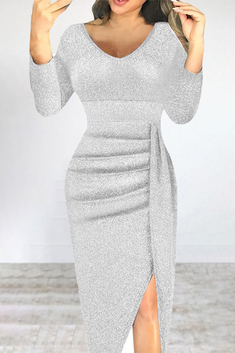 Elegant Solid Fold Sequined V Neck Irregular Dresses(5 Colors)