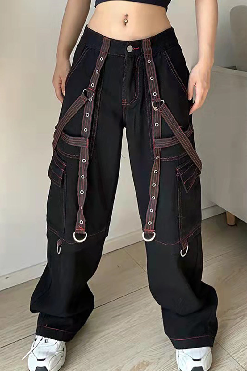 Street Punk Solid Patchwork Strap Design Low Waist Loose Denim Jeans
